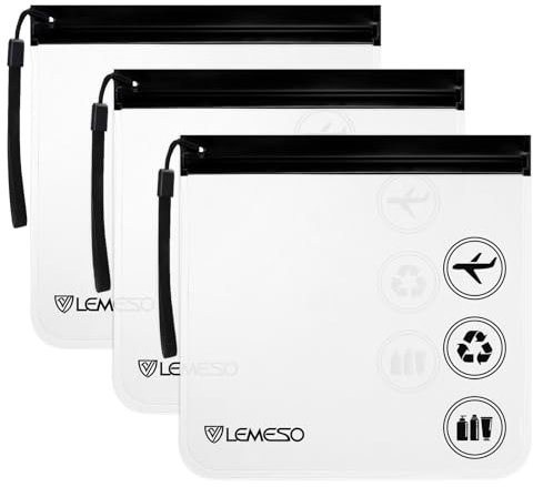 LEMESO Buste Trasparenti per Viaggio In Aereo per Liquido 3 pz 20 x 20 cm Porta Liquidi da Viaggio Aereo Buste per Liquidi Aereo Sacchetti per Aereo per Trucchi con Maniglia Nero
