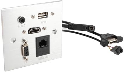 Multimedia Socket, USB VGA RJ45 3.5MM Wall Outlet for Home Hotel Office, Support 5 Interfaces, in Wall TV Power Kit Aluminum Alloy TV Outlet Box for Home Hotel Office
