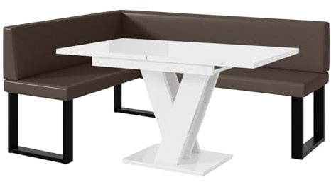 MEBLINI Eckbank für Esszimmer mit ausziehbarem Tisch - Küchenbank - Essecke - Sitzecke Küche - ERIC - U-Beine 128x168x87cm Links - Braun Kunstleder/M Weiß Hochgl.
