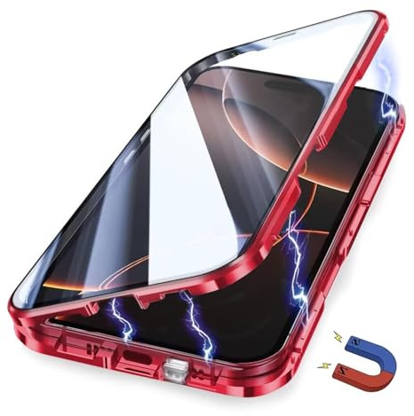 Yoursea Case for iPhone 12 Pro Max,Magnetic Adsorption Metal Bumper 360 Degree Full Body Protection Front and Back Tempering Glass Cover with Safty Lock for iPhone 12 Pro Max Red