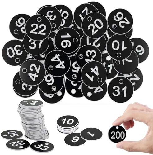 WANDGU 1-200 Gravierte Nummernschilder: Nummerierte Tags, Kunststoff Nummernschilder, ID-Anhänger, Schwarze Runde Nummernschilder, Schlüsselanhänger, Etiketten ID Tags mit Loch für Garderobe Hotel