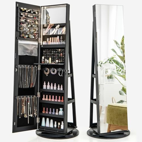 COSTWAY Schmuckschrank mit LED, Spiegelschrank 360° drehbar, mit rahmenlosem Ganzkörperspiegel, Schmuck-Organizer abschließbar, Schmuckaufbewahrung (Schwarz)