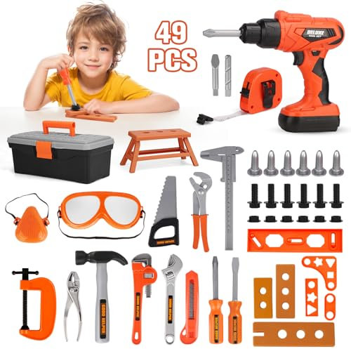 49PCS Boite a Outils Enfant Jouet 3 4 5 6 7 Ans,Caisse a Outil Malette Outils Bricolage avec Perceuse Électrique Jeux Construction Éducatif Montessori STEM Cadeau Anniversaire Garçon Fille