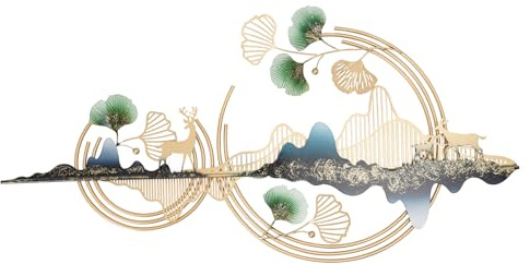 3D Ginkgo Blätter und Hirsch Wanddeko Metall Kunst Wandschmuck 110 * 52cm Wandskulpturen Gold Dekoration Hintergrund Wandverzierung für Wohnzimmer Schlafzimmer Gang