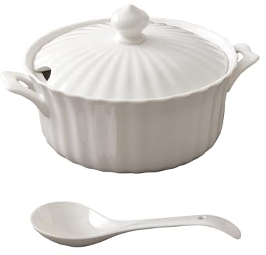 Ceramic Soup Tureen Set with Lid & Ladle - Oven-Safe for Baked Casseroles, Soups, and Stews - 2.5 L Large Volume (Shell Pattern)