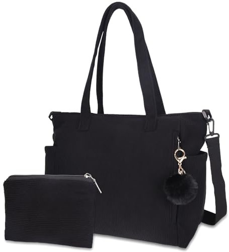 GADITIEK Cord Tote Bag Shopper Tasche Damen Umhängetasche Groß, Handtasche Damen Groß für Arbeit Büro Reisen Einkaufen Schule (Schwarz)