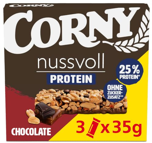 Nussriegel Corny Nussvoll & Protein Chocolate | Mit 25% Protein | 3 x 35 g | Ohne Zuckerzusatz | Hoher Nussanteil | Für aktive Tage, Sport, Mittagspause & unterwegs | Angenehm sättigend | Proteinriegel