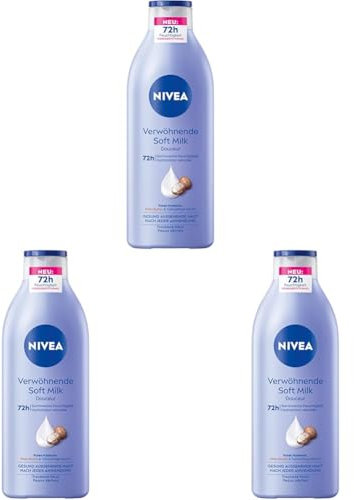 NIVEA Verwöhnende Soft Milk, Body Milk für trockene Haut mit Tiefenpflege Serum, Feuchtigkeitspflege mit Shea Butter und 100% purem Hyaluron (400 ml) (Packung mit 3)
