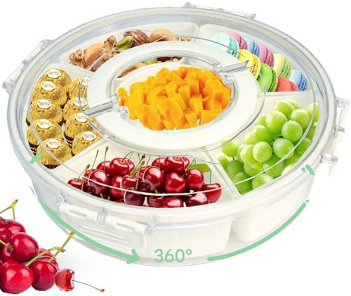 Dazhtu Snack Box Compartiment, Plateau à 6 Compartiments Amovibles, Rotative Boîte Transparente Organisateur, Bol à Collation Avec Couvercle, pour fruits, collations, noix, bonbons, Biscuits