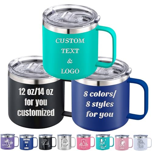 Akmxem Tazza da caffè personalizzata 350ML/410ML con coperchio e manico, bicchiere termico personalizzata in acciaio inox con nome inciso, testo, logo e foto mantiene freddo/caldo