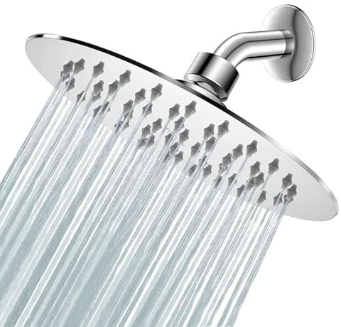 Soffione Doccia Rotondo 20cm/8 Pollici a Pioggia,Soffione Rotondo a Cascata, Soffione Doccia a Pioggia, Regolabile a 360°, Filettatura Universale G1/2, Cromato con Barra di Montaggio