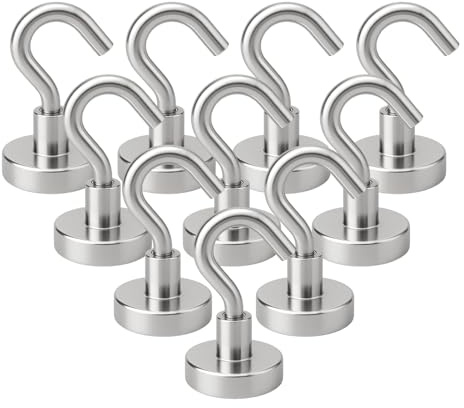10PCS Magnetic Hooks, Heavy Duty 17.5lbs+ Strong Neodymium Fridge Magnet Hooks for Hanging Towels Keys Utensils Curtains Tools, Rustproof Stainless Steel Hook Set for Kitchen Grill Door, Silver