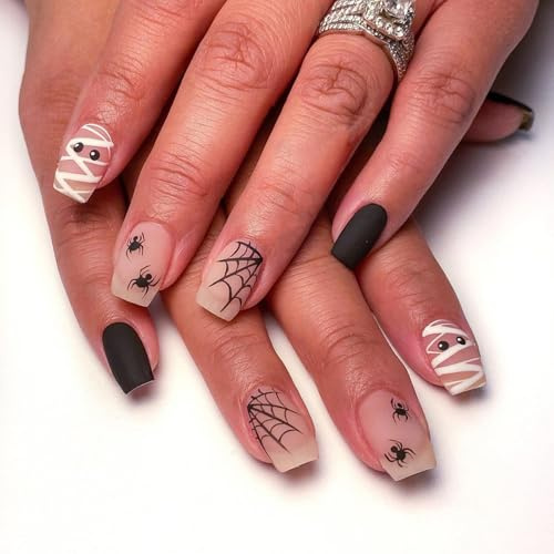 Ceboic 24Pcs Halloween Black Press on Nails, Short Square French Fake Nails, Nude Frosted Artificial Glue on Nails with Spider & Spider Web Design, Reusable Acrylic Full Cover Stick on Nail for Women