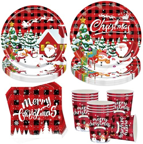 Sunshine smile 50 Stück Weihnachten Partygeschirr Set,Weihnachten Pappteller Set,Weihnachtsparty Geschirrset,Partygeschirr Geburtstag,Papierteller Weihnachtsfeier Tischdekoration