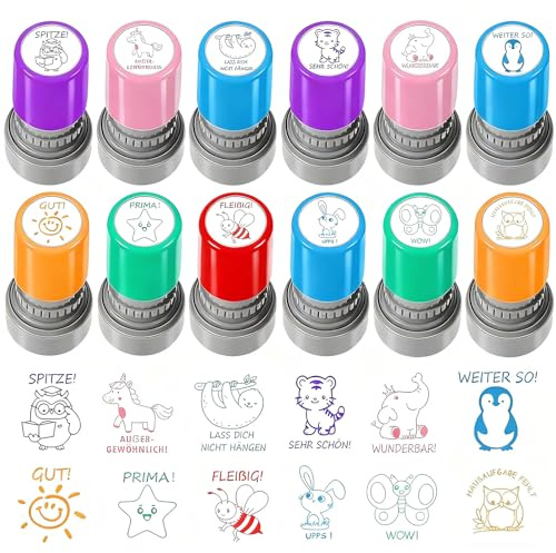 ASTRIgneous 12 Stück Lehrer Stempel Selbstfärbende, Motivation Stempel Lehrer, Bewertung Belohnung Deutsch Siegel, Lob Siegel Ermutigung, Schüler Hausaufgaben Stamper