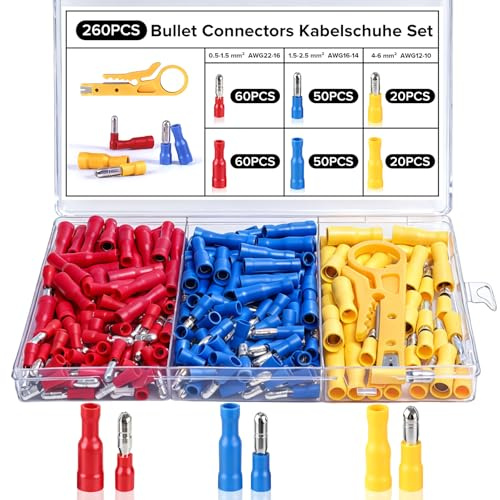 Realure 260 Stück Rund Quetschverbinder Kfz, Kfz Kabelschuhe Set Motorrad | 3 Typen Farben 0.5-6.0mm² Wasserdicht Rundsteckverbinder, Kunststoff-Abisolierzange, Weibliche und Männliche
