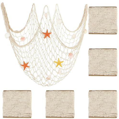 Skdqiee 6 Pcs Natural Fish Net Decorations, Decorative Fishing Net Wall Hanging, Cotton Rope Nettings, Nautical Fishnet Decorations for Beach Party, Ocean Themed Party, 78.7 x 39.4