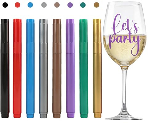 Maggasacca 8 pièces Stylos en verre pour fêtes et célébrations - Marqueurs de verre pour vin lavables Ensemble de stylos en verre 8 couleurs pour fête, dîner, mariage