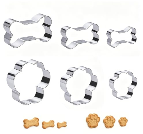 6Pcs Cookie Cutters,Stainless Steel Dog Paw Bone Shaped Biscuit Cutters Set | Cookie Cutter for Cracker Baking DIY Fondant Pastry Cake,for Easter Halloween Christmas Party Cute Shape Food Decorating Tool