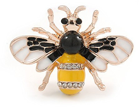 Petite Jaune/noir/blanc émail Crysal Bee Broche en or rose Tone – 35 mm L