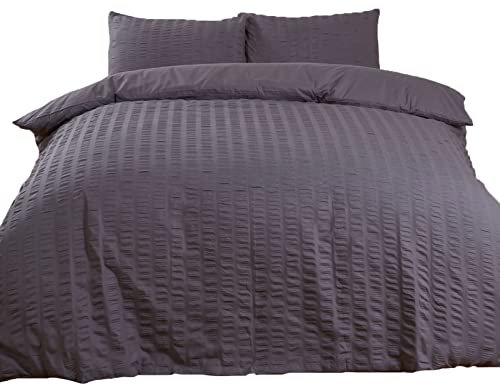 Highams Seersucker Duvet Cover with Pillow Case Bedding Set, Charcoal Dark Grey - Superking