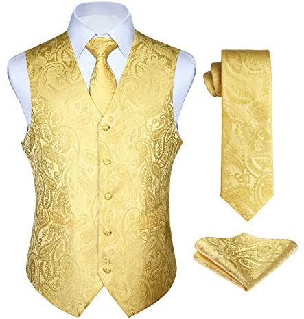 Enlision Anzugweste Gold Herren Hochzeit Paisley Westen und Krawatte Einstecktuch Party Floral Jacquard Anzug Weste Set XL