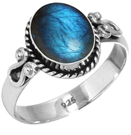 Jeweloporium Grauer Labradorit Silberring Größe 59 (18,8), 925 Sterling Silber Ring für Damen, Echter ovaler Edelstein Boho Schmuck
