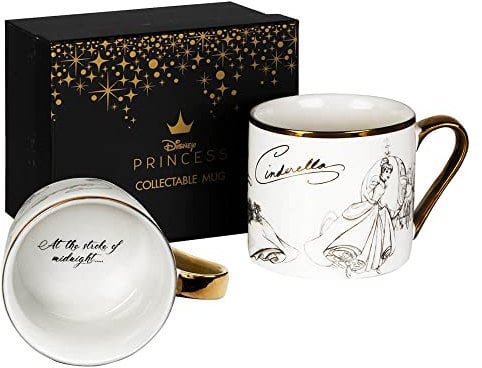 Disney Taza de cerámica coleccionable de Cenicienta clásica en caja con borde dorado y mango