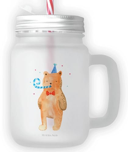 Mr. & Mrs. Panda Trinkglas Mason Jar Bär Geburtstag - Geschenk, Alles Gute, Teddybär, Teddy, Happy Birthday, Strohhalm Glas, Retro-Glas, Sommerglas,