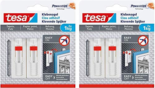 tesa Verstellbarer Klebenagel für Tapeten und Putz/Selbstklebender Nagel von tesa Powerstrips (2x 2 Nägel (1kg))