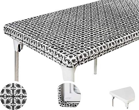 TopTableCloth 4ft 48 x 24 inch Black Patterned Rectangle Picnic Table Cover Elastic TableCloth on the Corner for Folding Table Outdoor TableCloths Plastic Vinyl Waterproof Stay Put Party Birthday Home