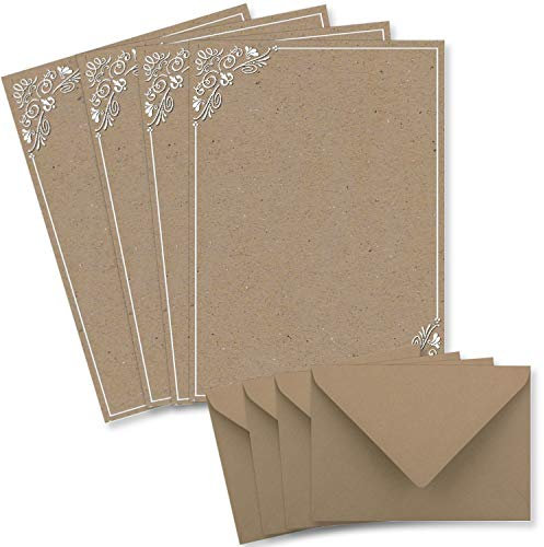 25 Briefbogen-Sets DIN A4 - Briefpapier in Kraftpapier-print mit weißem Ornament - mit Briefumschlägen DIN C6 in taupe Briefpapier bedruckbar ideal für Hochzeitseinladungen