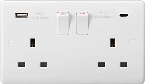 Knightsbridge CU99 Curved Edge 13A 2G SP Switched Socket with Dual USB Charger A+C (5V DC 3.1A Shared), Socket - Double + USB A+C
