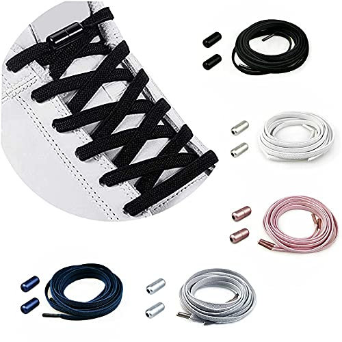 5 Pairs No Tie Elastic Shoelaces - Flat Stretch Shoe Laces With Metal Buckles for Sneakers, Kids / Adults Adjustable Laces, Rubber Tieless Replacement for All Shoes