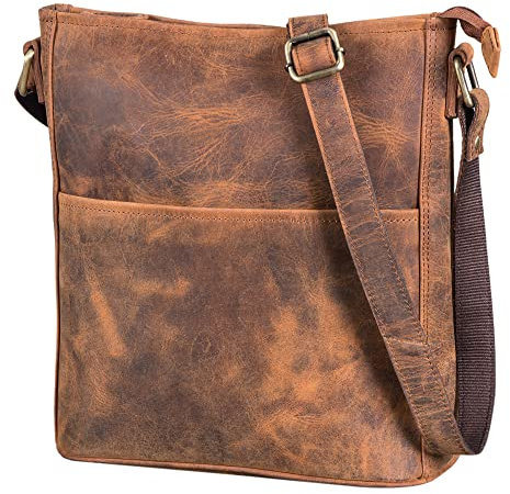 LEABAGS Leder Handtasche Damen I Premium Echtleder Umhängetasche I Damen Schultertasche I Damentasche I Tragetasche für Arbeit Uni Schule Freizeit I Größe L (31 x 23 x 6 cm) I Fox