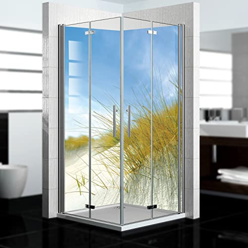 dedeco Eck-Duschrückwand wasserfest Motiv: Dünengras V5, UV-Lack glänzend, 2x 80x200 cm, Badrückwand zum Fliesenersatz, Dekorwand, Wandverkleidung und Duschplatte aus Aluminium - Made in Germany