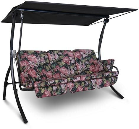Angerer Freizeitmöbel GmbH Hollywoodschaukel Primero - Gartenschaukel Made in Germany - Schaukel zum Sitzen, Liegen und Entspannen - inklusive Bett-Funktion - einfache Montage (Schwarz-Bunt geblümt)