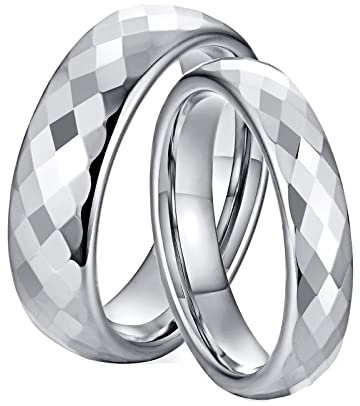 AMDXD Verlobungsring, 4/6mm Wolfram Eheringe für Frauen Silber mit Geometrisch Ring Verlobung Mann Preis für 2, Frauen 49 (15.6) & Männer 60 (19.1)