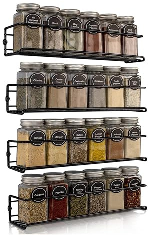 comforder Gewürzregal Wand 4er Set, Metall, für 24 Gläser (Matt Schwarz) | Selbstklebend oder zum Bohren, inkl. Montagematerial, für Schrank oder Wand, Edelstahl, 29x6x6 cm