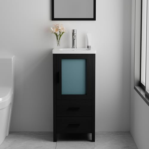 wonline Set da bagno da 16 pollici, mobile da bagno singolo piccolo con lavandino in ceramica, mobile moderno nero con rubinetto e scarico pop-up