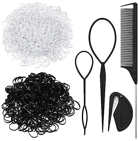 2000 Pièces Petit Elastique Cheveux Noir Elastique à Cheveux Transparent, Mini Elastique Caoutchouc pour Cheveux avec 2 Outil Queue de Cheval, Coupe Élastique, Peigne de Queue