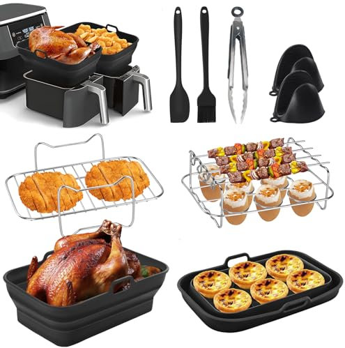 Air Fryer Accessories, 9PCS for Ninja Dual AF300UK AF400UK Including Silicone Air Fryer Liner & Dual Air Fryer Racks & Silicone Gloves etc Dual Air Fryer Accessories, Compatible with Oven, Microwave
