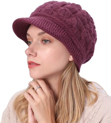 DURINM Warme Winter mütze Fleece Mütze Schirm Visor Wintermütze Damen Warme Gefütterte Wintermützegestrickte Schirmmütze Baseballmütze mit Weiches Dickes Fleecefutter (Rosenrot)