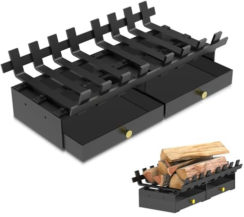 Pearwow Fireplace Grate with Ash Tray Kit,20 Inch Wide Heavy Duty Solid Steel Bar Fire Grates and Fireplace Ash Pan,Wrought Iron Fireplace Log Grate Fireplace Ash Tray Kit for Indoor Outdoor Firewood