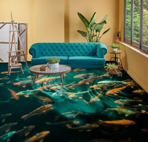 Badezimmerbodenaufkleber 3D-Bodentapeten mit orangefarbenen Koi, 430 x 300 cm Bodenfliesen Aufkleber Wohnzimmer Studie Bodenbelag Tapete, Epoxidharz