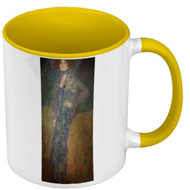 Gustave Klimt Kaffeebecher in Premium-Qualität, Gelb – Portrait von Emilie Floge 1904 – Tasse mit Henkel und farbigem Innenfutter