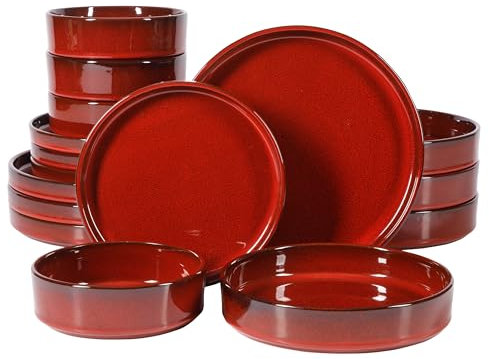 Bloomhouse - Oprah's Favorite Things - Santorini Mist Service de table à double bol en terre cuite émaillée réactive - Rouge grenat, service pour quatre (16 pièces)