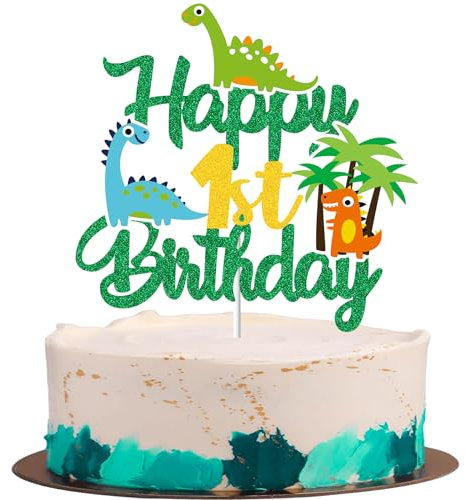 Gidobo 1st Birthday Cake Toppers, Dinosaur Cake Decorations with Plam, Jungle Animal Themed Cake Pick for Kids Boys Girls Birthday Party Supplies