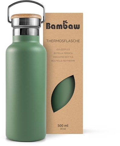 Bambaw Botella térmica 500ml, Botella agua verde, Botella agua acero inoxidable 500ml, Botella agua gimnasio, Termo agua – Verde salvia