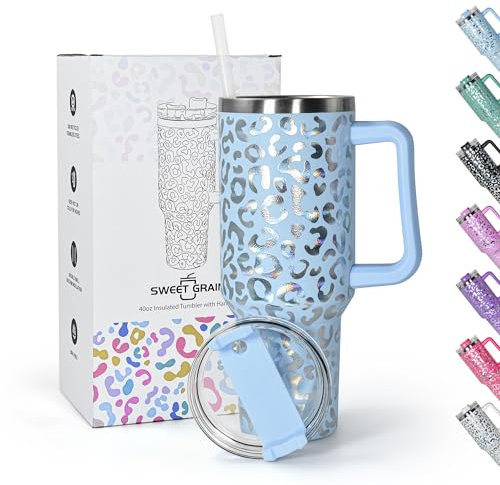 sweet grain Mug Isotherme avec Paille et Poignée 1.2L, Tasse à Café Acier Inoxydable à double paroi, Isolée Tasse Isotherme, Tasse Cafe Voyage, Léopard Bleu Gobelet Isotherme Avec Paille